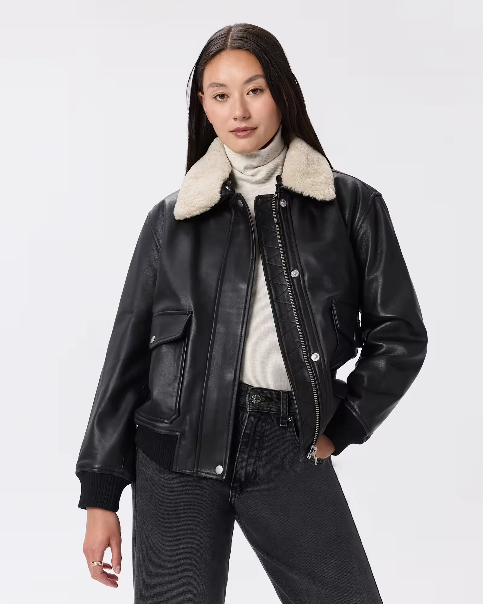 100% Leather Shearling Trim Aviator Jacket