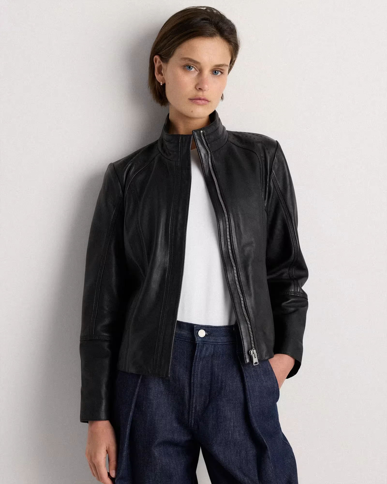 100% Leather Stand-Collar Jacket